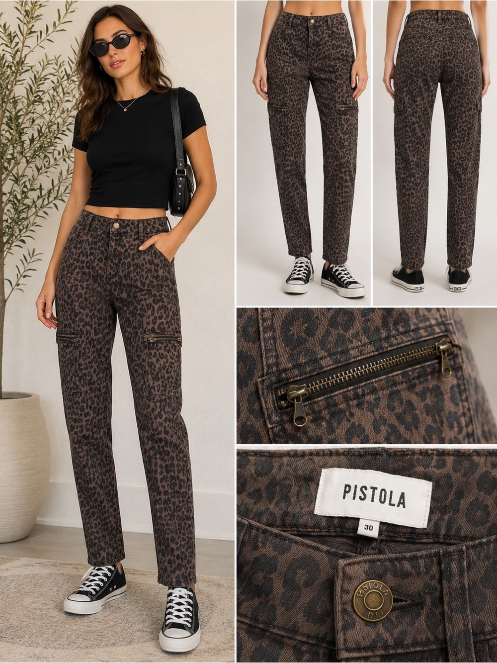 Pistola Leopard Print Cargo Skinny Pants Size 30 Zip Pocket
